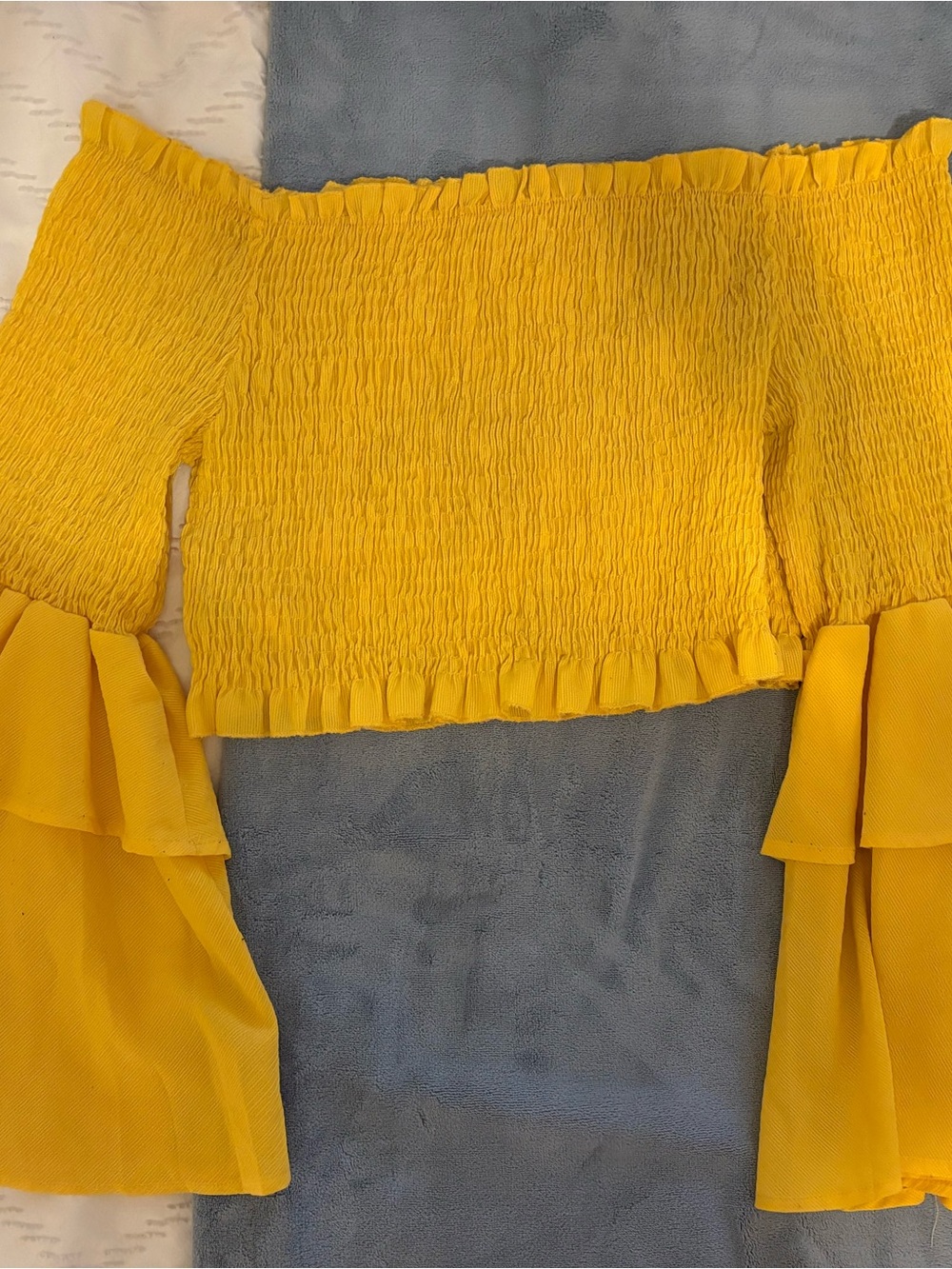 Yellow Off-Shoulder Smocked Ruffle Sleeve Top